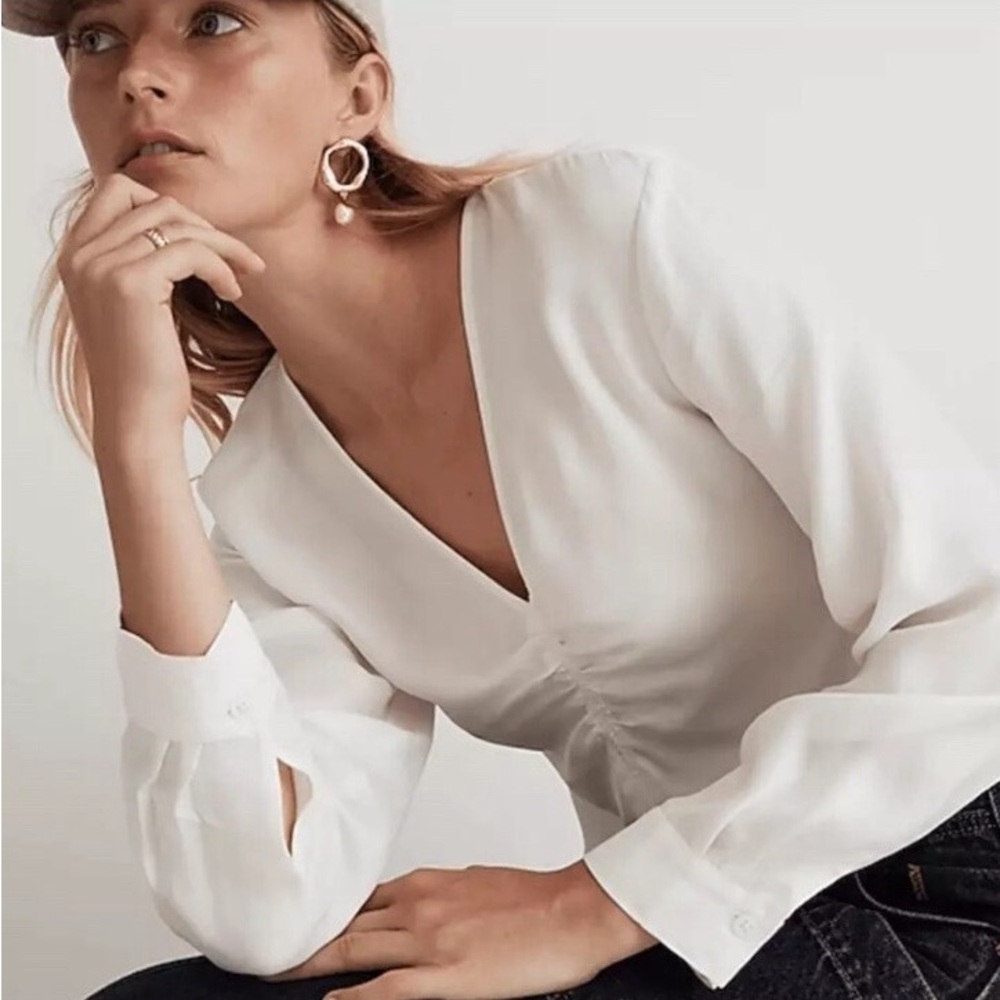 Madewell White Long Sleeve Blouse V neck